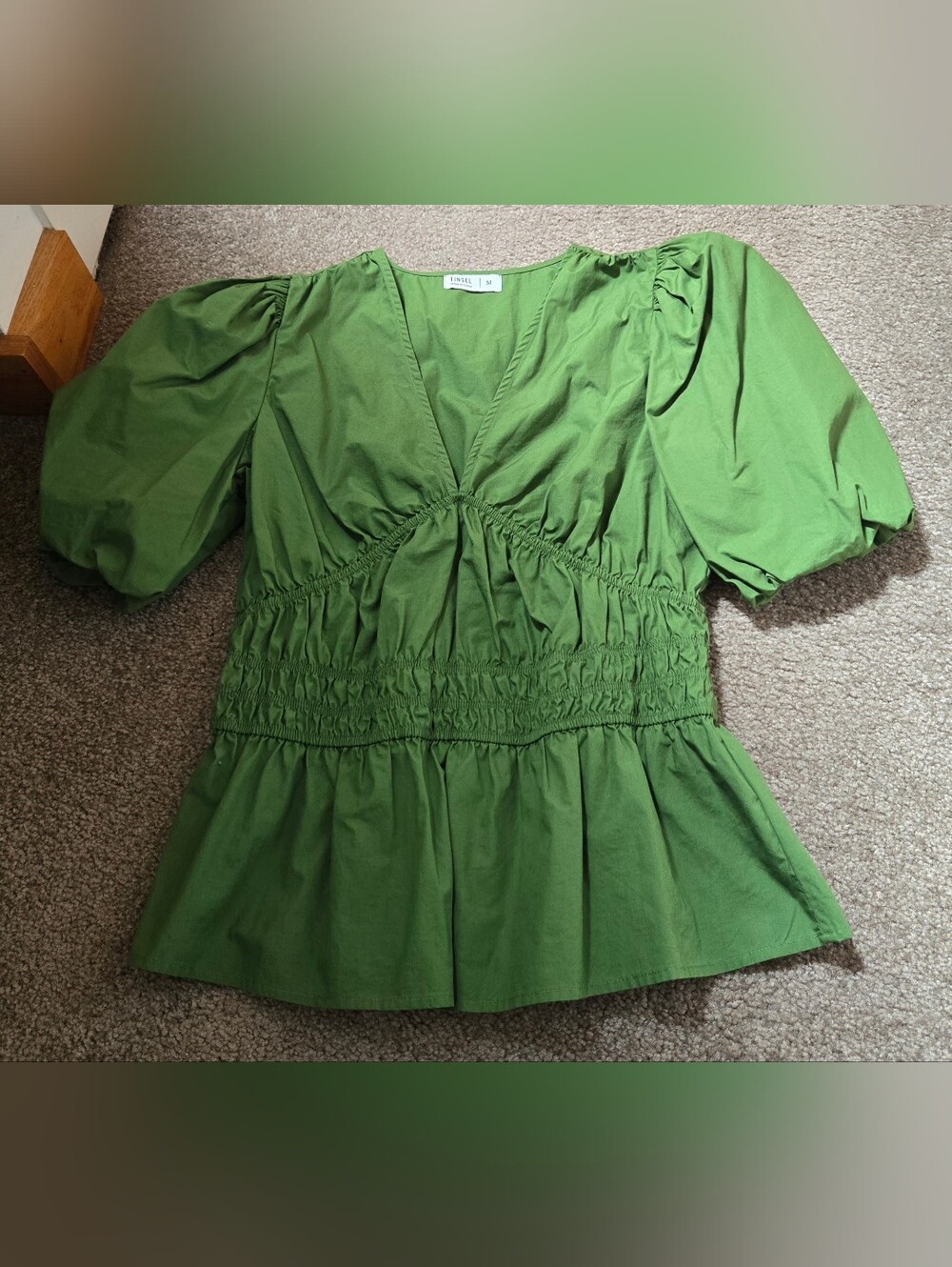 Tinsel Green Puff Sleeve Smocked Peplum Top M